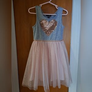 Zunie Gray Dress with Gold Sequin Heart, pink skirt